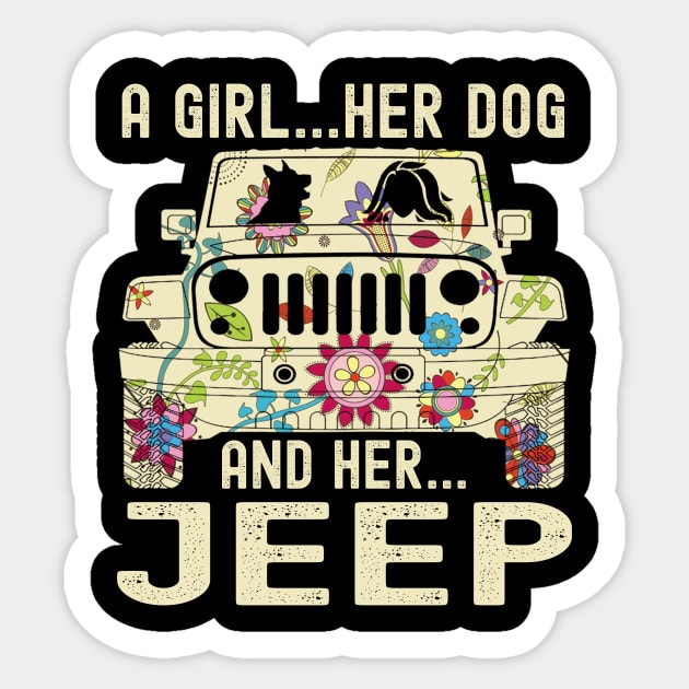 A Girl Her Dog And Her Jeep Cute FLower Jeep Jeeps Lover Jeep Girl Jeep Women Sticker by Jane Sky